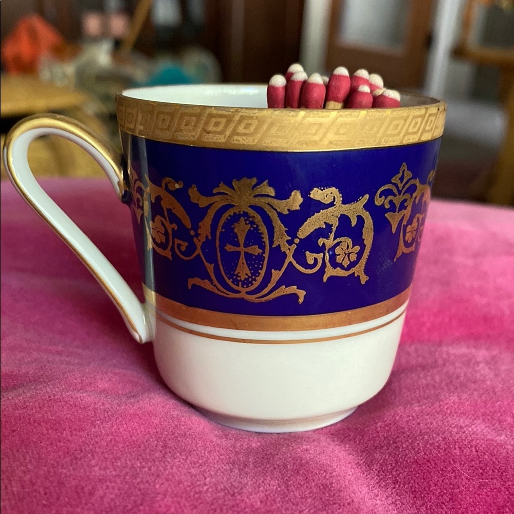Vintage Blue and Gold Teacup Match Holder with Striker